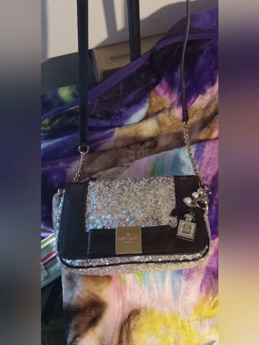 Kate Spade Black Prim Rose Hill Little Kaelin Sequin Chain Strap Crossbody EUC